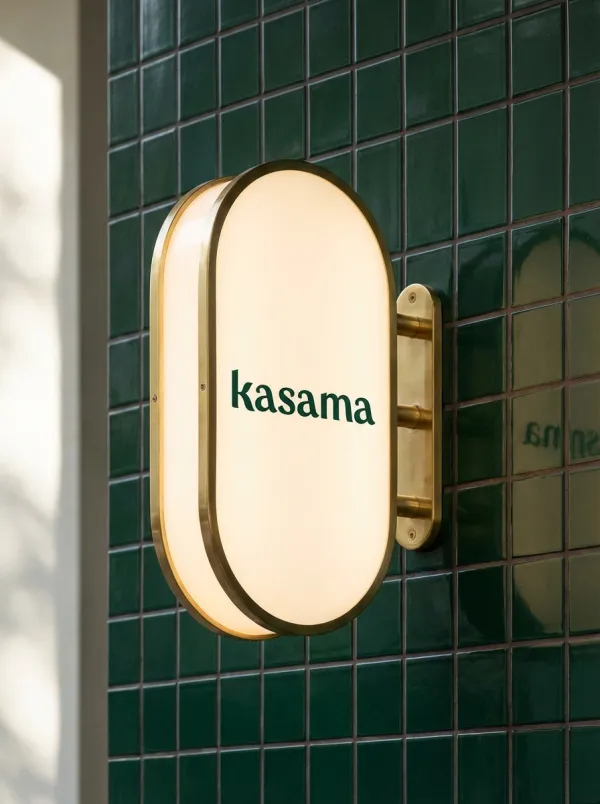 Apply logo to a vertical oval lightbox sign mounted on a dark green tiled wall. Brass fixtures, clean modern aesthetic, soft natural daylight, professional architectural branding photography, 8k.
