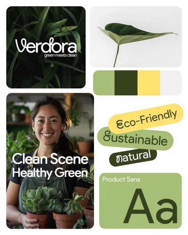 Create a professional brand guidelines moodboard for the uploaded brand. The layout is a clean, modern editorial grid featuring multiple sections:

A primary brand showcase section with the logo integrated into high-quality, thematic photography.

A secondary section featuring a minimalist close-up shot that captures the essence of the brand’s industry or texture.

A portrait section featuring a person or lifestyle scene that reflects the brand’s target audience and values.

A dedicated color palette section showing the signature brand colors in clean, rounded rectangles.

A typography section displaying the primary font and character examples.

Floating design tags or capsules with key brand pillars such as slogans or attributes.

The overall design is minimalist and organized with ample white space, rounded corners on image frames, and a sophisticated, contemporary aesthetic. The layout should automatically adapt its colors, fonts, and imagery to match the visual identity and core message of the uploaded brand assets, ensuring a cohesive and premium presentation.