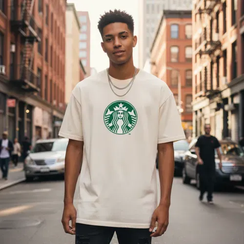 Generate a street-style T-shirt logo mockup worn by a model, featuring the uploaded logo on the chest, with urban background and natural lighting.
