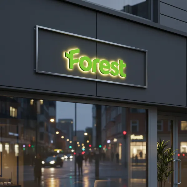 A photorealistic backlit shop sign showcasing the uploaded logo, mounted on a modern storefront. Evening city scene, soft glow illuminating the wall, reflections on nearby surfaces, realistic shadows, high-detail, professional brand display.