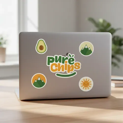 Generate a lifestyle photo of an open MacBook on a desk, back view. Four to five stickers on the laptop, one is the uploaded logo, cut out with a clean white sticker outline. Focus on the logo sticker, clean background, natural lighting, photorealistic.