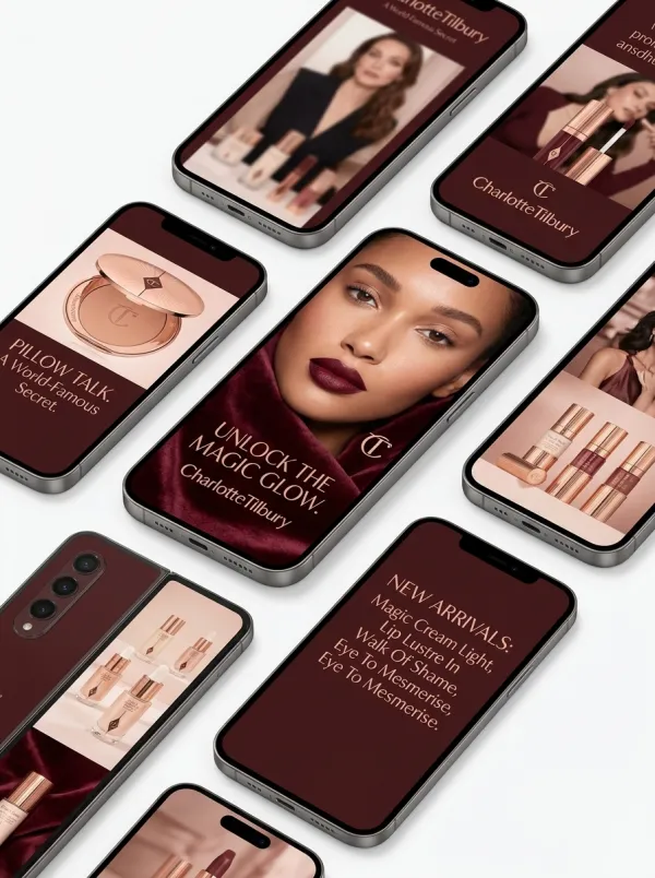 Modern smartphones arranged in a neat isometric grid on a clean white background.
Every screen shows brand visuals generated from the uploaded logo and brand colors.
Balanced composition, all phones evenly displayed.
Soft lighting, premium product showcase style.