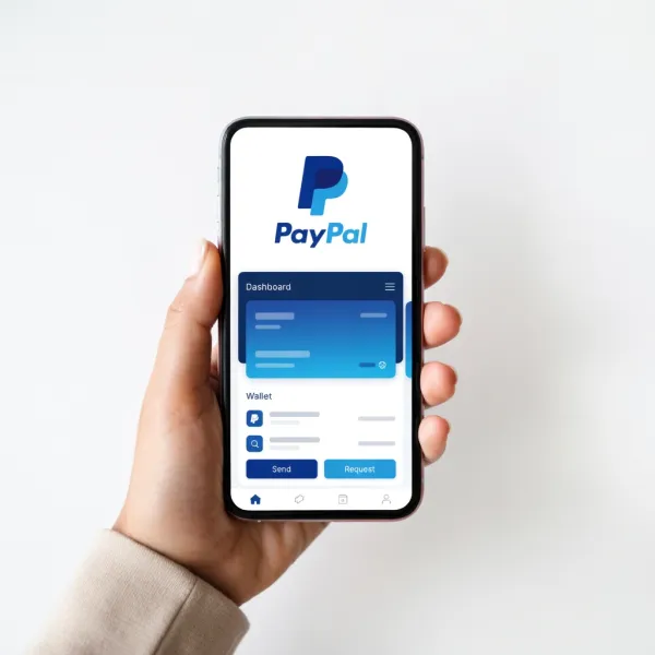 A close-up of an adult hand holding a smartphone in portrait mode against a clean, seamless background. The phone is centered in the frame and slightly tilted upward. The screen displays a mobile interface automatically generated from the uploaded logo, using the brand’s colors, typography, and visual style. The interface can show a catalog, app dashboard, or product page related to the brand. The hand wears a neutral long-sleeved garment. Soft, diffuse lighting from the upper side creates subtle shadows and a modern, minimal aesthetic. Slightly shallow depth of field, realistic textures, clean product-style presentation.