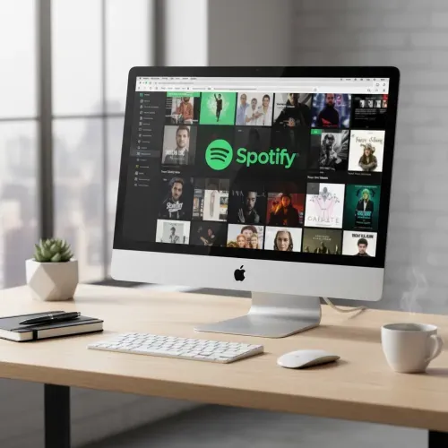 Place your brand on a sleek iMac mockup on a clean, modern workspace desk. The screen displays brand-related content, with the logo naturally integrated and clearly visible. Soft natural daylight from a nearby window casts realistic shadows and reflections on the aluminum body. The desk features minimal, professional items like a notebook, coffee cup, pen, and small plant, creating a tidy yet lively workspace. Focus on a photorealistic, cozy, and professional look suitable for brand presentations.