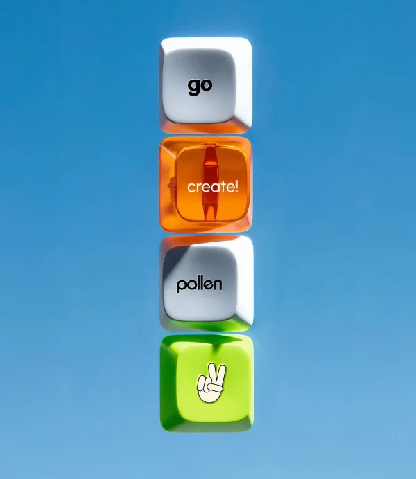 Create a creative product mockup of four mechanical keyboard keycaps stacked vertically, floating in mid-air. Include a mix of opaque, translucent, and neon keycaps. Only one keycap displays the uploaded brand’s logo, while the others feature automatically generated brand-related elements such as minimal typography, slogans, or simple line-art icons. Use crisp, natural lighting with subtle shadows between keys. Set the background as a gradient using the uploaded brand’s colors, and/or harmonize keycap colors with the brand palette. Aesthetic: ultra-minimalist, modern, playful, and aligned with the brand’s identity.