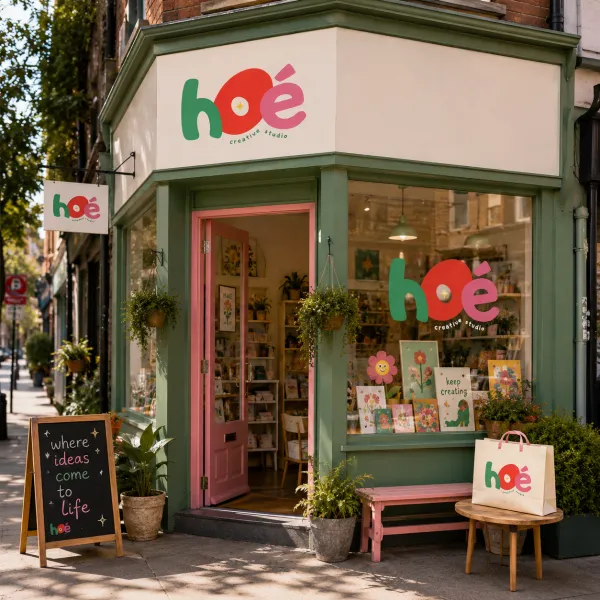 Generate a small independent corner storefront using the uploaded logo as the core identity. Compact boutique shop with strong street presence, detailed window display, and handcrafted visual branding. The logo appears on signage, shopping bags, and glass decals. Natural street lighting, realistic urban neighborhood, Instagram-style aesthetic, highly relatable brand storytelling scene.