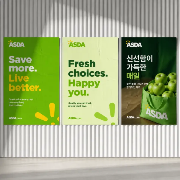 Three posters displayed on a white ribbed wall, customized to your brand:

Left Poster: Brand colors, key message, and abstract design.
Middle Poster: Complementary background with another brand message.
Right Poster: Brand-related image and localized text.

Each poster includes your logo and website. The posters are evenly spaced, with soft lighting and slight overlaps, creating a dynamic, modern look from a straight-on perspective.