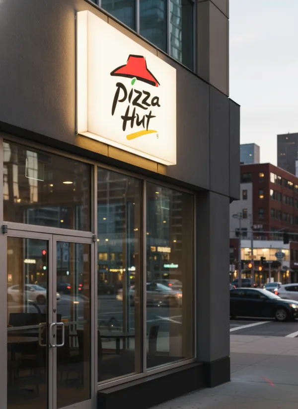 A photorealistic backlit shop sign showcasing the uploaded logo, mounted on a modern storefront. Evening city scene, soft glow illuminating the wall, reflections on nearby surfaces, realistic shadows, high-detail, professional brand display.