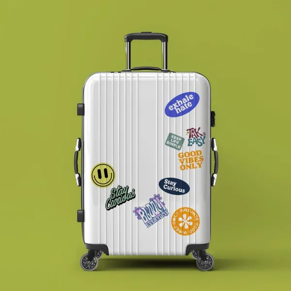 Create a white hard-shell suitcase mockup with about 5 brand-inspired stickers automatically generated from the uploaded logo, including patterns, icons, and typography. Arrange the stickers with natural spacing, not covering the entire surface. Place on a clean studio background in the brand’s main color, with bright, even lighting and soft shadows. Shot straight-on, playful, modern, and high-end.