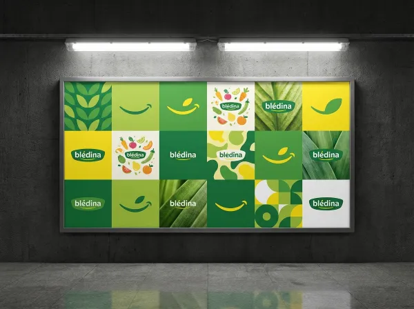 Create a realistic subway advertisement board mockup using the uploaded logo. The board is mounted on a dark concrete wall and lit by two fluorescent lights above. The design is arranged as a grid of twelve square panels.

Each panel features a different brand-inspired image or graphic generated automatically from the logo’s style and color palette. The visuals should be varied but cohesive, forming a clean and modern composition.

The setting resembles an underground subway station. Eye-level, straight-on view. Bold, clean, professional advertising style with realistic lighting.