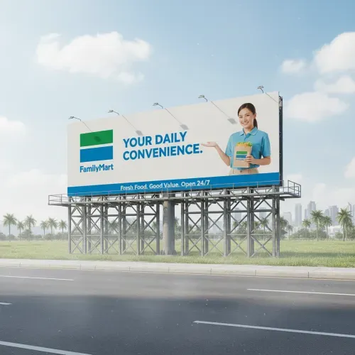 Realistic outdoor billboard mockup under a bright sky with clouds. Display the uploaded logo and a bold slogan using the brand’s primary color. Include a model that fits the brand’s style. Professional, eye-catching, and photorealistic.