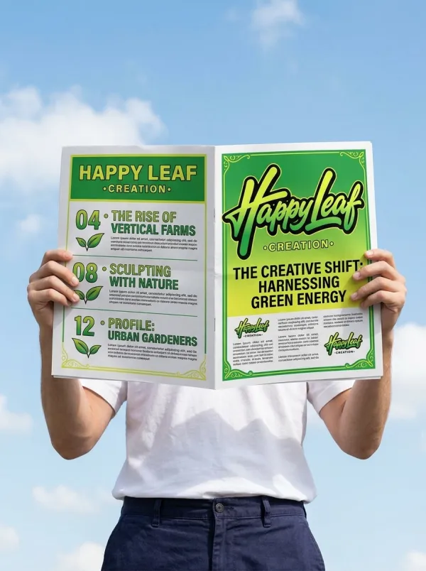 A person standing outdoors holds up an open newspaper or magazine that covers their face. The focus is on the hands holding the publication and the pages displayed toward the camera. The pages feature a clean editorial layout automatically generated from the uploaded logo, including brand visuals, headlines, and promotional text styled with the brand’s colors and typography.

The person wears a simple white t-shirt and dark trousers. The background is a bright blue sky with soft clouds, creating a fresh and modern advertising feel. Natural daylight lighting, low-angle perspective looking up at the subject, with the newspaper centered in the frame. Clean, modern, promotional editorial style.