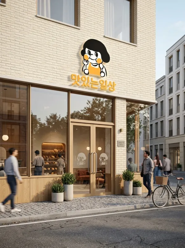 Create a high-quality, realistic store exterior scene featuring the uploaded logo prominently on the storefront signage. Automatically infer the logo’s brand style and colors. Include details such as large glass windows reflecting soft daylight, a welcoming entrance with subtle branding on door handles, modern exterior materials (brick, wood, or metal depending on brand personality), and ambient urban surroundings like passersby or street elements. Use natural lighting, realistic shadows, and reflections to make the logo feel integrated and aspirational.