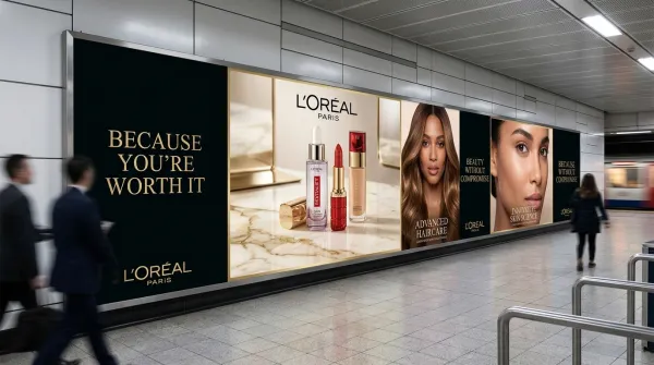 A long advertising billboard stretching across a subway station wall, composed of multiple panels. The billboard displays a premium brand campaign automatically generated from the uploaded logo, including product visuals, lifestyle imagery, and elegant brand typography styled with the brand’s colors and design language.

One panel highlights a hero product placed on a visually striking surface, while adjacent panels feature a model or lifestyle scene representing the brand’s aesthetic. The uploaded logo appears prominently within the campaign layout.

Soft, refined lighting creates a luxurious and polished atmosphere. The perspective is from a slightly low angle looking up at the billboard, emphasizing its scale across the station wall. In the foreground, the subway floor has a patterned tile surface, adding depth and realism. The overall style feels like a high-end, modern advertising campaign displayed in a metro station.