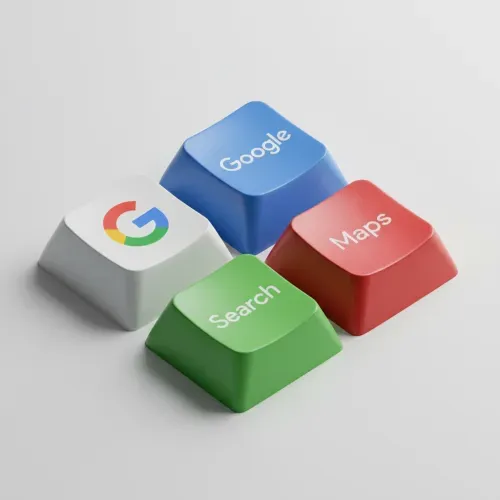 Ultra-realistic 3D render of four mechanical keyboard keycaps in a tight 2x2 grid, viewed from an isometric angle. One key features the uploaded brand logo. The other three keys automatically adopt colors and text styles that complement the logo, e.g., matching brand palette and typography. Realistic plastic texture, rounded sculpted keycaps, soft shadows, clean light-gray background, high-detail render.