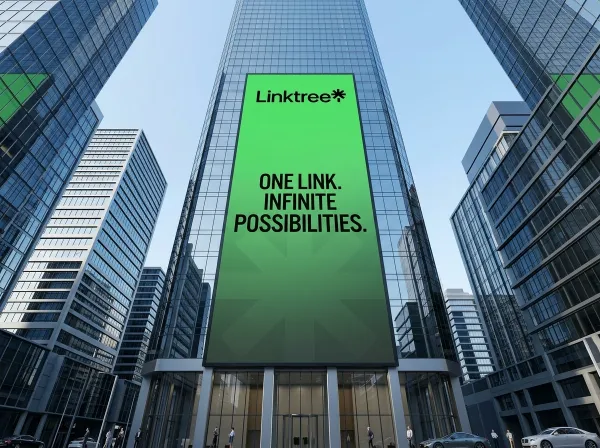 Create a large vertical billboard on a modern skyscraper using the uploaded logo as the brand reference. The billboard uses colors derived from the logo, with a clean gradient or subtle abstract pattern background. Place the logo at the top and bold minimal campaign typography in the center.

Scene set in a modern financial district with glass skyscrapers, captured from a low-angle perspective looking up under a clear blue sky.

Style: hyper-realistic architectural photography, premium commercial advertising, clean and modern composition.