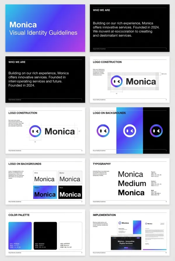 Professional, comprehensive brand guidelines presentation layout for any brand. Features a cohesive visual identity with colors, typography, and visual elements automatically adapted to the uploaded logo. Clean Swiss-style typography, sans-serif fonts, and ample white space. Includes multiple slides: logo construction, color palette swatches, typography hierarchy, stationery mockups (business cards, letterhead), and lifestyle application images. High-end graphic design, minimalist aesthetic, grid-based layout, editorial style, flat design, ultra-high resolution (8K), polished and professional.