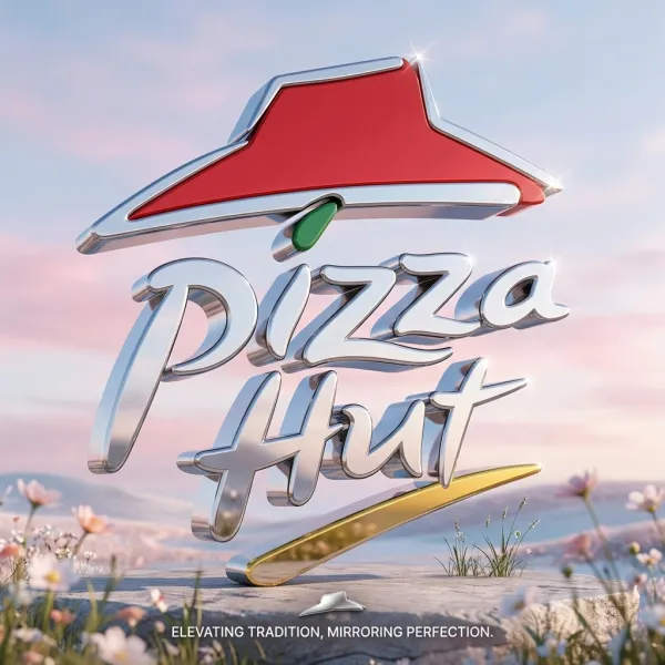 Using the uploaded brand logo as reference, create a 3D visualization of the logo as a polished, reflective chrome object. Maintain the original proportions and geometry—instantly recognizable, monumental in scale, centered in a 1:1 square frame. Place the logo naturally within a cinematic, editorial-style environment inspired by the brand’s identity: a softly lit landscape with ethereal pastel skies and subtle foreground texture (flowers, ground detail, or abstract elements). Ensure realistic reflections of the environment on the logo surface, soft shadows anchoring it to the scene, and subtle highlights or sparkles to emphasize depth and material. Integrate the logo harmoniously with the background using perspective and overlap for realism. Add minimal supporting details: a small secondary logo mark and a short poetic brand statement in clean white sans-serif. Mood: luxurious, high-end editorial, cinematic, and visually striking, suitable for premium campaigns, magazines, or social posts