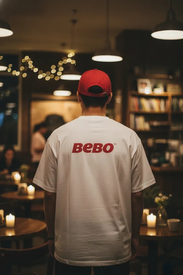 Apply logo to the back of a man's white oversized T-shirt. He’s wearing a brand-colored baseball cap, seen from behind in a cozy, dimly lit cafe. Cinematic lighting, soft fabric textures, professional fashion photography, 8k photorealistic.