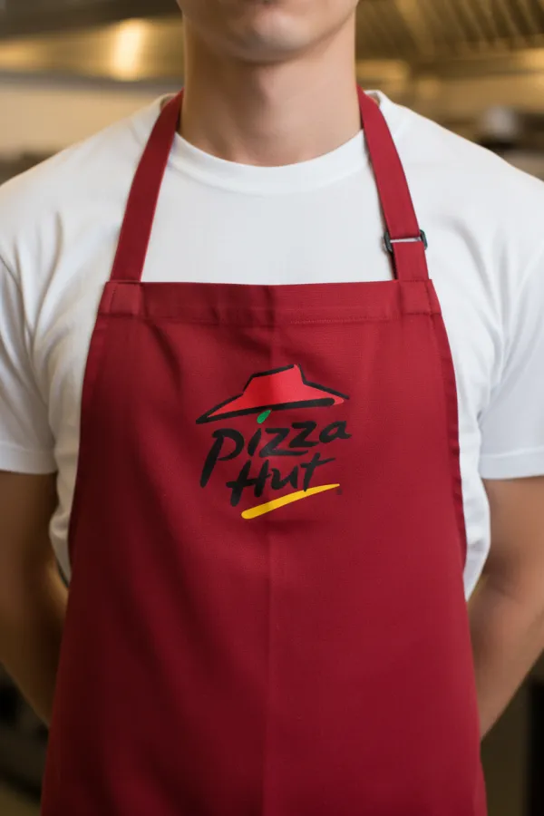 Generate a photorealistic close-up mockup of a person wearing an apron over a white t-shirt; analyze the uploaded logo to set the apron's fabric color to the brand's primary color and apply the logo onto the chest, ensuring it realistically follows the fabric's texture, folds, and lighting.
