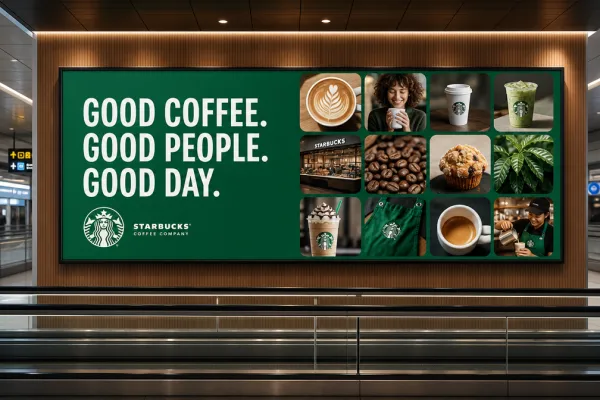 Create a professional indoor advertising light box billboard mockup based on the uploaded brand assets. The scene features a massive, ultra-wide horizontal electronic display screen mounted on a premium wooden wall panel inside a contemporary airport terminal or upscale subway station transit corridor, located right above a moving walkway or escalator handrail.
The design layout on the billboard screen is clean and editorial, split logically into two main sections:
The left side dominates with large, bold brand typography displaying a primary headline or slogan, alongside the brand logo placed cleanly in the bottom corner.
The right side features a dense, structured multi-row grid of rounded square tiles, with each tile showcasing a distinct lifestyle photograph, product shot, or vibrant close-up image that matches the brand’s specific industry and offerings.
The ambient indoor lighting is sleek and architectural, with recessed spotlights on the dark ceiling casting a premium glow over the wooden textures and the bright, illuminated display. The shot is captured from a straight-on, wide perspective looking across the moving walkway. The overall aesthetic is ultra-modern, clean, minimal, and high-end, automatically adapting all brand text, colors, logos, and imagery to match the uploaded reference material.