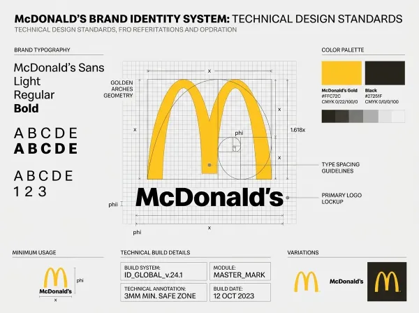 Create a graphic design presentation featuring the uploaded logo as the central focus. The logo is prominently displayed within a clean grid overlay and framed by golden ratio or design guideline elements, emphasizing structure, balance, and typography.

Include supporting brand information blocks such as build numbers, system or product details, or technical annotations, styled consistently with the brand’s colors and identity. Optionally, display smaller logo variations or icons in side or bottom sections.

Lighting: even, bright, digital presentation style.
Perspective: flat, frontal, professional.
Overall style: modern, technical, high-end brand presentation, with colors and accents derived from the uploaded logo.