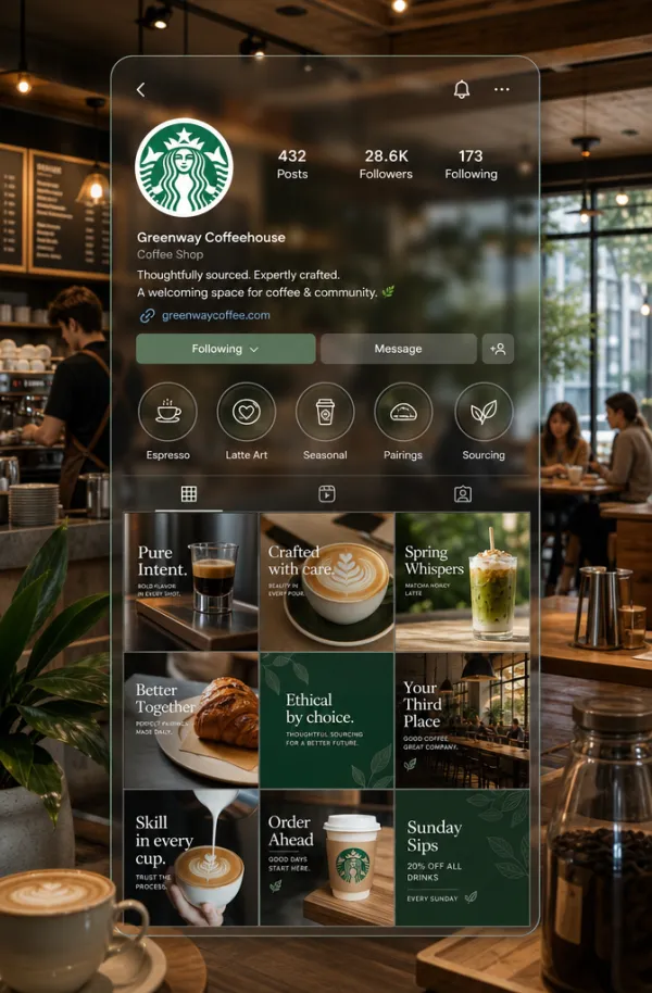 Create a professional social media mockup presentation for the uploaded brand. The scene features a translucent digital user interface overlay showcasing an Instagram profile layout, superimposed onto a realistic lifestyle environment that matches the brand's industry.
The user interface grid dynamically displays the uploaded brand’s profile picture, bio text, follower counts, and a curated 3x3 post matrix containing thematic imagery and graphic text relevant to the brand's core services.