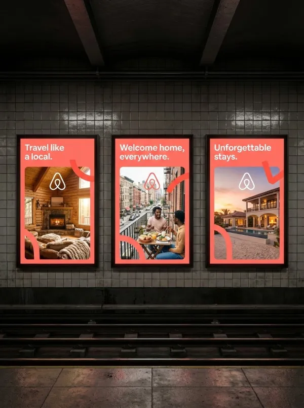 Generate a hyper-realistic, front-facing subway ad mockup. Show three vertical digital lightboxes on a dark subway wall. Analyze the uploaded logo to extract colors and brand personality, and apply them to graphics on each panel. Automatically generate matching slogans and lifestyle visuals reflecting the brand. Cinematic lighting, realistic shadows, professional OOH style.