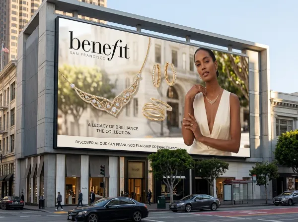 A large outdoor billboard displays an advertisement automatically generated from the uploaded logo and brand colors. The campaign features a hero product prominently, such as jewelry or accessories, positioned in a key area of the panel. A model styled to match the uploaded brand’s aesthetic interacts naturally with the scene, wearing fashion-forward clothing and accessories that complement the brand identity.

The setting is minimalist and modern, with clean surfaces and subtle architectural or ground elements. Bright, natural daylight illuminates the scene, casting realistic shadows and enhancing textures. The composition emphasizes elegance, sophistication, and high-fashion style, suitable for outdoor billboard campaigns or premium advertising.