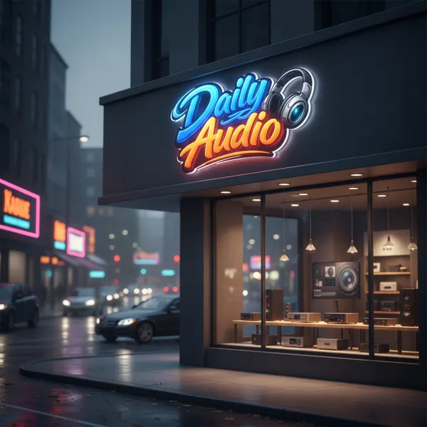 An ultra-realistic neon shop sign showcasing the uploaded logo, mounted on a modern storefront. Evening city street scene with neon lights naturally reflecting on windows and surrounding surfaces, subtle glow and soft shadows, realistic depth of field, high-detail, professional brand-ready presentation.
