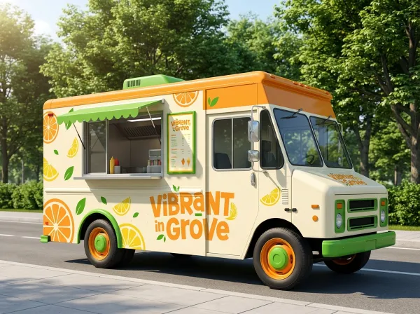 Create a realistic ice cream truck mockup based on the uploaded logo. The truck is parked on a paved road, positioned on the left side of the frame and facing right. Use the logo’s color palette to automatically style the truck’s body, accents, and graphics for a cohesive brand look. Display the logo prominently on the side of the truck, along with clean, modern ice cream–themed decorations that match the brand style.

The environment is a bright, sunny day with green trees in the background. The camera angle is eye-level, showing the full side of the truck. The overall aesthetic is clean, vibrant, modern, and promotional, like a professional brand advertisement. High detail, realistic lighting, and balanced composition.