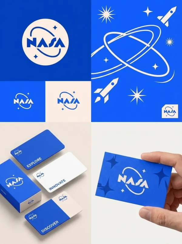 A four-panel composition showcasing a user’s brand.

Top-left: The logo on a bold, brand-colored background.

Top-right: A graphic scene with abstract or product-inspired elements in the brand’s visual style, including a small logo tag.

Bottom-left: Three stylized cards or packages in different brand color variations, featuring the logo and simple brand messaging.

Bottom-right: A hand holding a branded card or small package with the logo and brand elements.

Clean, modern, graphic style with a cohesive brand color palette, minimalist layouts, bold shapes, and a youthful, energetic aesthetic. Sharp focus and studio lighting.
