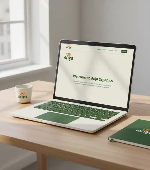 Generate a laptop mockup on a desk, matching the uploaded logo’s brand colors and style, screen open showing brand-related content, with soft daylight and realistic reflections.