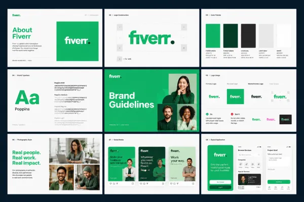 Create a professional brand guidelines design system presentation mockup. The scene features a flat, organized 3x3 grid overview displaying exactly nine (9) distinct editorial presentation slides or brand boards laid out side-by-side against a dark navy background.
The boards include:
A prominent center cover titled "Brand Guidelines" with mixed lifestyle portrait inserts.
A "Logo Construction" board showing the logo on a precise blueprint grid.
A "Color Palette" board organizing vertical color swatches with precise codes.
A "Brand Typeface" board displaying font weights and complete character sets.
Various digital and social media touchpoints including mockups for Instagram posts and a mobile app screen UI.
The overall layout is flat, clean, and highly editorial with generous white space and high-end typography. The entire presentation automatically and seamlessly adapts its titles, logos, UI screens, color blocks, and featured photography to match the visual identity of any uploaded brand assets.