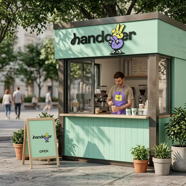 Photograph a small, modern kiosk in a relaxed outdoor urban setting. The kiosk design should adapt to the uploaded brand’s visual identity, including colors, materials, and style. Integrate the logo naturally into realistic signage and branding elements, matching the environment’s lighting and perspective. A staff member inside is casually preparing a drink, adding a natural human touch. Soft daylight filters through surrounding trees, casting dappled shadows across the kiosk and ground. A simple A-frame sign sits nearby with consistent branding. Use shallow depth of field to gently blur the background. Focus on a photorealistic, lifestyle-driven scene with natural textures, soft light, and a calm, effortless atmosphere.