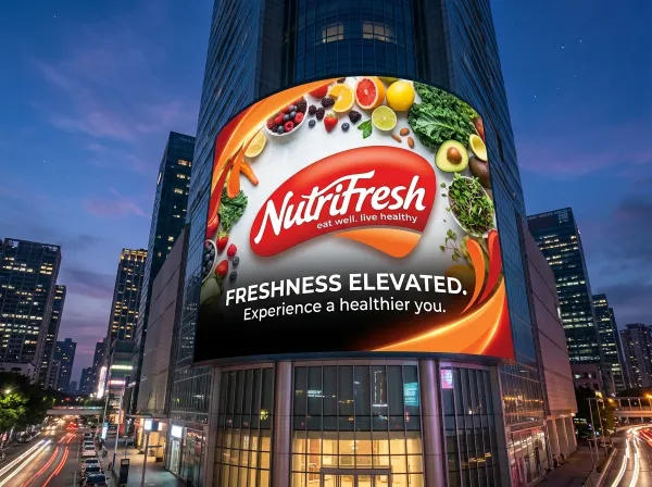 A large, curved digital billboard mounted on the side of a modern skyscraper in a city environment. The billboard displays a high-impact advertisement automatically generated from the uploaded logo, featuring brand visuals, promotional imagery, and bold headline text styled with the brand’s colors and typography.

The composition highlights the billboard dominating the building facade, with the surrounding skyscraper made of glass and concrete. Sections of the sky are visible above. The ad is brightly lit with vibrant, modern commercial lighting that enhances the brand colors.

Camera perspective: slightly low angle looking up at the billboard to emphasize scale and presence. The overall atmosphere is modern, urban, and cinematic—like a large-scale brand campaign in a city.