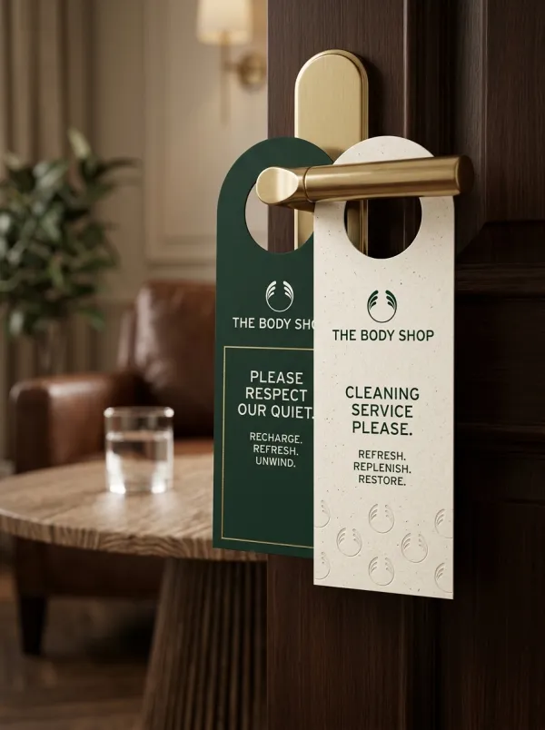 Two hotel-style door hangers are shown in the foreground, slightly off-center. The hangers are automatically styled using the uploaded logo and brand colors, with minimalist graphics, text, and branding elements applied consistently. One hanger can feature a light background with subtle brand accents, while the other uses a darker brand color with complementary patterns.

The background is softly blurred, suggesting a cozy interior such as a dining or lounge area. Warm, diffused lighting highlights textures and adds depth. Eye-level perspective focuses on the hangers while maintaining context from the environment. Sophisticated, modern, and branded aesthetic suitable for marketing or product showcase.