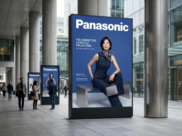 A stylish outdoor fashion advertisement displayed on a large colored panel that is part of a modern urban display structure. The panel showcases a brand campaign automatically generated from the uploaded logo, including a model styled to match the brand’s aesthetic and the brand name prominently displayed in clean typography using the brand’s colors.

The model sits in a relaxed pose with a fashionable outfit and accessories that reflect the brand identity. Multiple advertising panels line a paved walkway in front of a modern building with large architectural columns. Daylight setting with soft, diffused lighting. Eye-level perspective with a slight upward angle to capture the full display. Sophisticated, luxury commercial atmosphere.