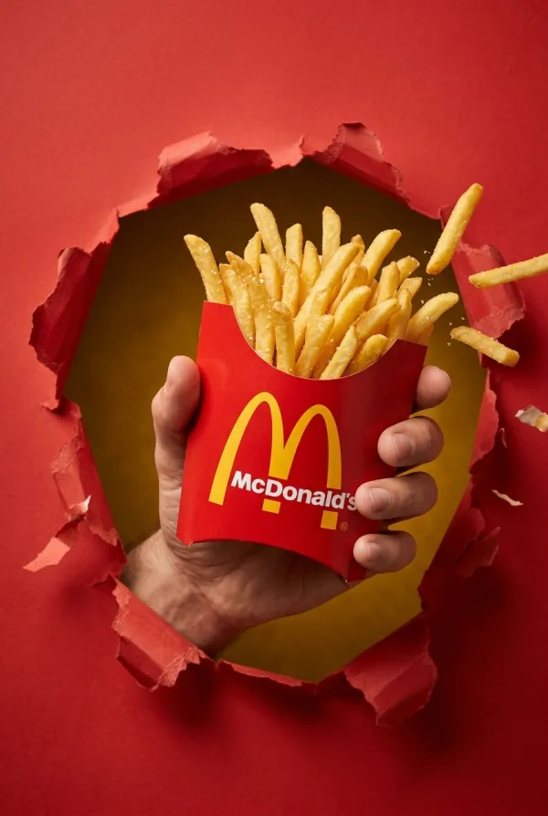 A hand emerges from a torn opening in a vibrant background, holding a food item or product automatically styled with the uploaded logo and brand colors. The hand is positioned dynamically in the frame, with the product clearly visible and prominently branded. The composition uses a medium shot, shallow depth of field, and a slightly low-angle perspective to emphasize the product. Lighting is bright, creating bold shadows and highlighting textures of the hand and item. The overall style is playful, appetizing, and eye-catching, perfect for a social media or promotional brand advertisement.