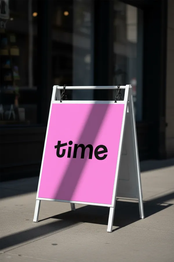 Apply the uploaded logo onto a rectangular board hanging by metal chains from a white A-frame stand. Use matching brand colors for the sign board. The background is a dark, blurred storefront. Bright natural sunlight casts a sharp, dramatic diagonal shadow across the sign and the pavement. High-contrast architectural photography, modern and clean aesthetic, 8k.