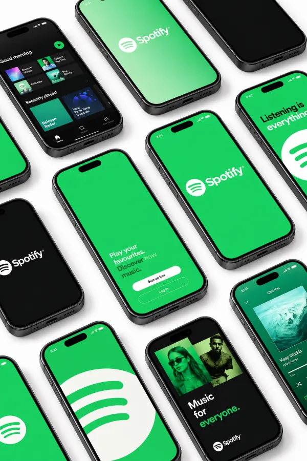 Create an isometric grid of modern smartphones on a clean white background. Each screen displays brand visuals generated from the uploaded logo and brand colors. Ensure balanced composition with evenly spaced devices. Use soft, studio-quality lighting for a premium product showcase style. Maintain clarity, alignment, and a polished, professional look.