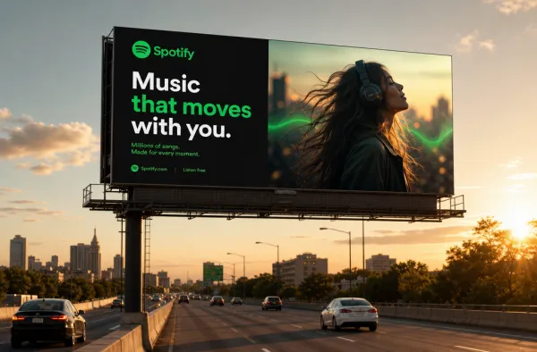 Create a premium outdoor highway billboard mockup based on the uploaded logo and brand identity.
Use a clean split layout: bold brand messaging on one side, and a visually striking image representing the brand on the other.
Automatically adapt all colors, typography, and visual style to the uploaded brand assets.
The scene is set over a highway at golden hour, with realistic lighting and professional, photorealistic advertising quality.