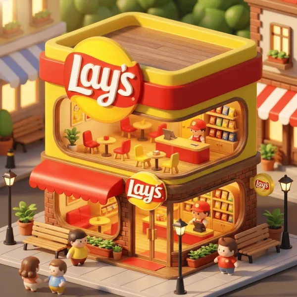 Create a 3D chibi-style miniature concept store from the uploaded logo brand.Two-story exterior shows the logo and brand elements. Large windows reveal a cozy interior with {brand's primary color} decor, warm lighting, and staff.Surround with a charming miniature street scene with tiny figures, benches, lamps, and plants. Render in Cinema 4D in a blind-box toy style with soft afternoon lighting and rich detail.