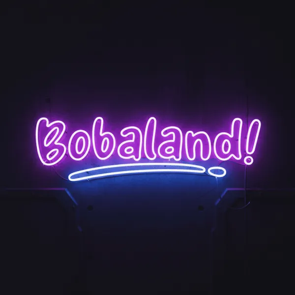 Frontal flat view, cyberpunk neon sign logo, centered, vibrant purple and blue glow, flickering light, dark wall background, hyper-realistic.