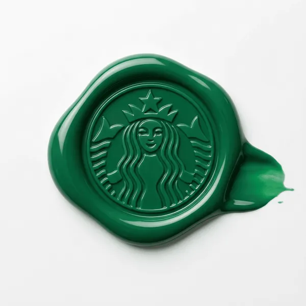 A glossy wax seal icon showing the brand logo, lying flat on a plain white background. The seal is made of thick, slightly deformed plastic or wax, with an irregular, squashed shape and a prominent drip or smear extending to the right. The center features a clear, raised relief impression. The seal uses the brand’s primary color. The lighting is soft and even, creating smooth highlights on the curved, glossy edges, with a subtle, minimal shadow.