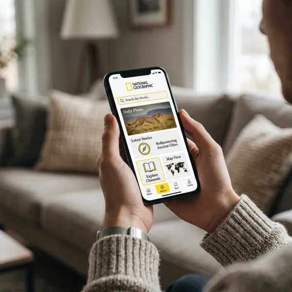 A close-up scene of a young adult sitting comfortably and holding a smartphone with both hands. The phone screen displays a minimalist mobile interface automatically generated from the uploaded logo, adapting the brand’s colors, typography, and visual style. The UI can include simple sections, icons, or app content related to the brand.

The person wears a textured knit sweater in warm neutral tones. The focus is on the hands and the smartphone, with the background softly blurred, showing hints of a couch and fabric textures in a cozy indoor setting. Soft, diffused lighting creates a warm and intimate atmosphere. Slight side-angle perspective with shallow depth of field, modern and understated style.