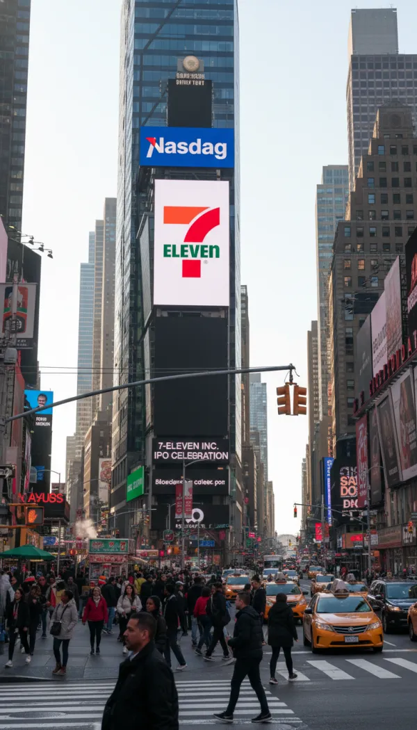 Hyper-realistic Times Square, NYC, daytime, news-photo style. Nasdaq LED billboard shows uploaded logo celebrating IPO. Realistic skyscrapers, crowds, taxis, street signs, and daylight reflections. Dynamic shadows, natural lighting, authentic urban depth.