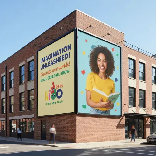 Create an image of a corner billboard on a building, keeping the original layout and elements: left side with bold headline text and subtext, right side featuring a close-up portrait of a joyful young adult person. Automatically extract the uploaded brand logo’s colors, style, typography, and tone to adapt the billboard design, text style, and overall aesthetic. Include logo placement and website or tagline as in the original composition. Add decorative graphic elements (like speech bubbles or icons) if they fit the brand style. Preserve the bright, modern, and engaging atmosphere with street-level perspective, sunlight, and urban building backdrop. Emphasize clarity, readability, and a visually appealing billboard that reflects the brand identity.