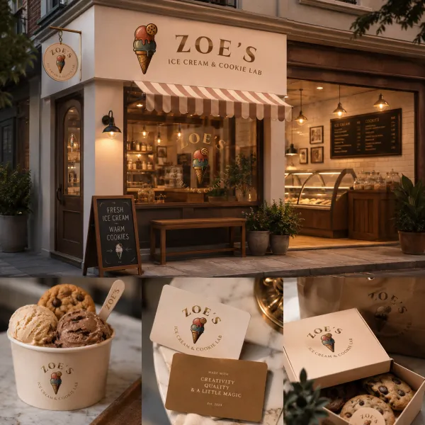 Analyze the uploaded logo to extract the brand’s colors, typography, style, and inferred industry. Generate a realistic real-world environment that reflects the brand’s identity, including storefront, interior, lifestyle props, and brand touchpoints such as business cards, packaging, or signage. All objects, surfaces, and ambient elements should harmonize with the brand’s visual style. Cinematic lighting, ultra realistic textures, immersive brand storytelling.