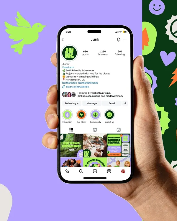 Generate an Instagram mockup with playful brand assets Social Media Profile Showcase for my brand. 

Analyze the uploaded social post for its core design structure (layout, typography, hierarchy, spacing) and extract its visual system.Use the uploaded brand image as identity reference.

Create a new, original post that follows the same design logic but fully adapts all content and messaging to match the brand’s identity, information, and positioning. Keep strong typography, clear hierarchy, and cohesive branding.